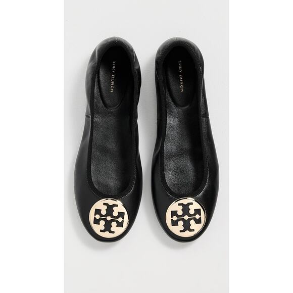 Tory Burch Reva Flats Size 8 Black Gold Leather Logo Travel Ballet *well worn - Picture 3 of 13